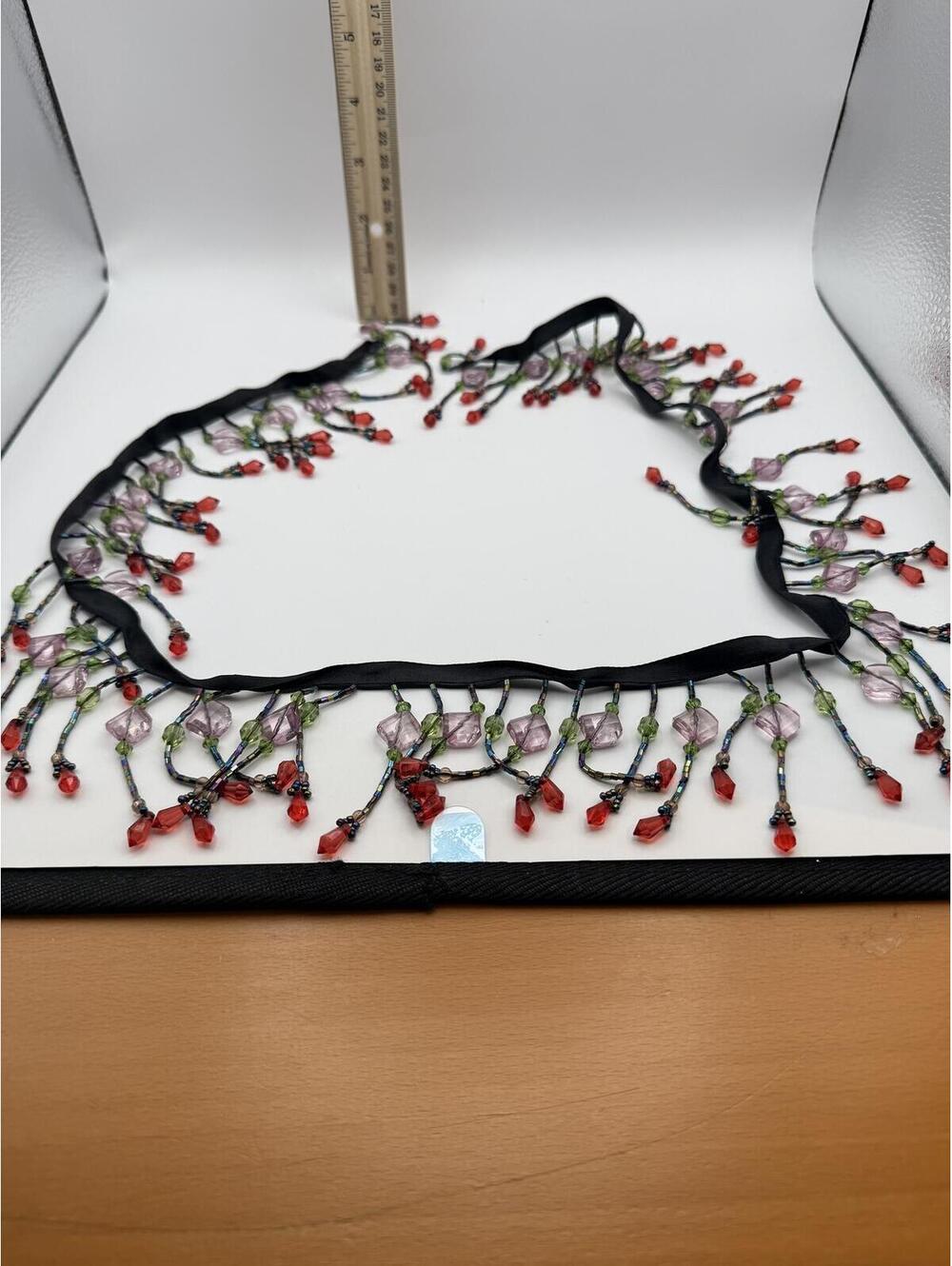 Vintage Beaded Fringe Scarf Necklace Black Ribbon Red Green Pink Glass Beads